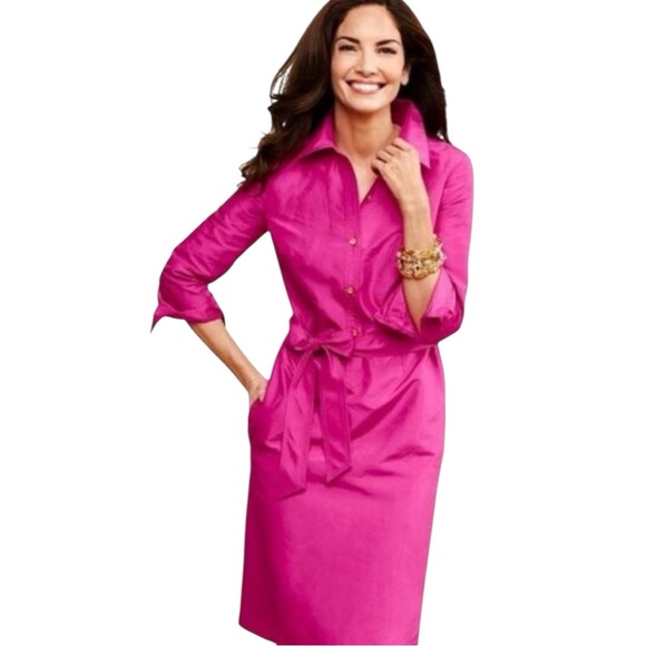 Talbots Fuchsia Pink 100% Silk Shirt Dress 16 – Belted Button Front - Picture 4 of 9